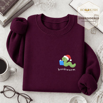 Bookworm Embroidered Sweatshirt | Christmas Reader Gift Maroon