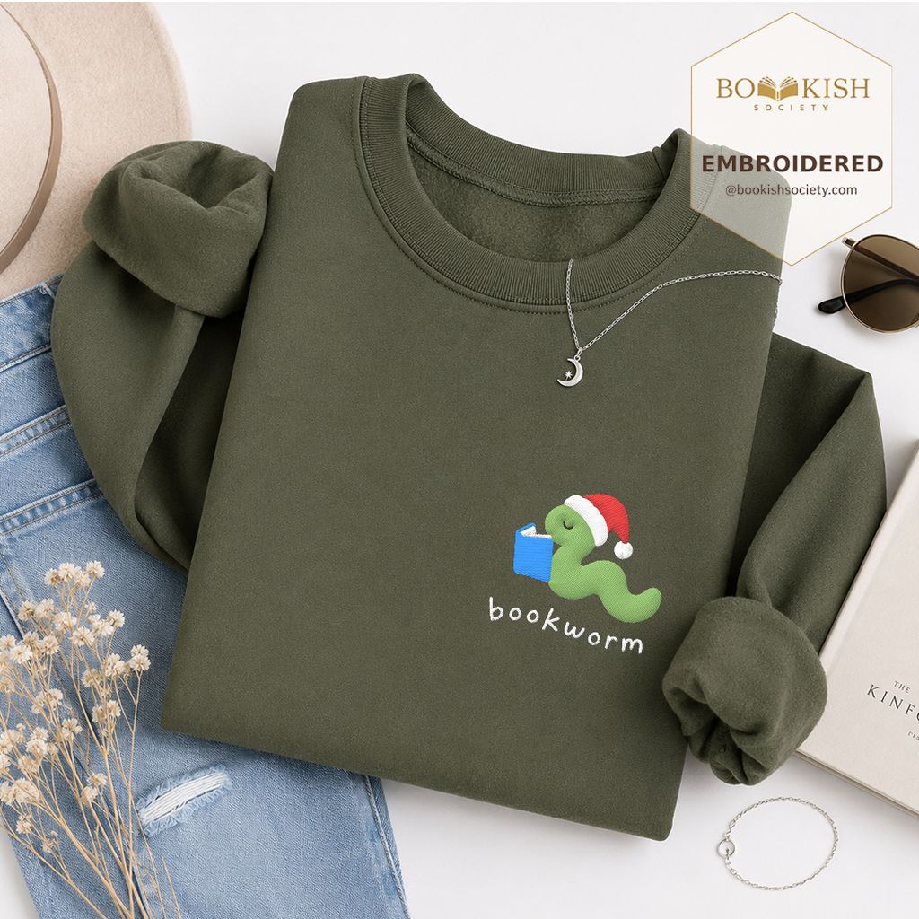 Bookworm Embroidered Sweatshirt | Christmas Reader Gift Military Green