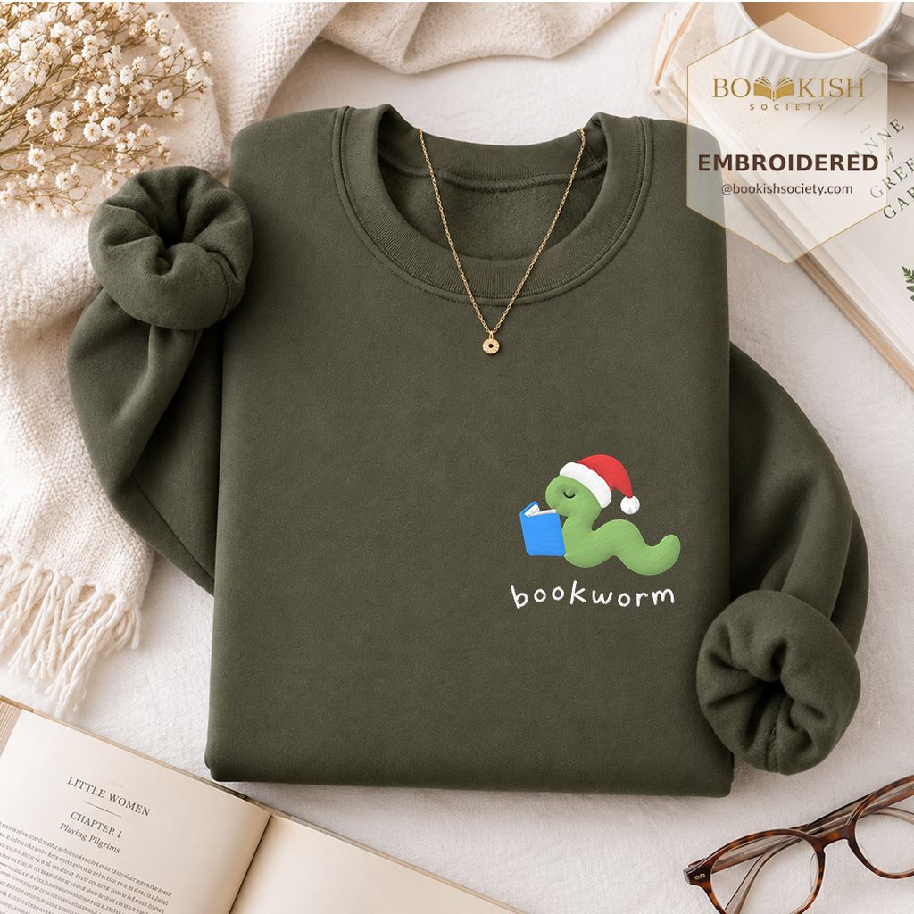 Bookworm Embroidered Sweatshirt | Christmas Reader Gift Military Green