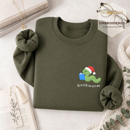 Bookworm Embroidered Sweatshirt | Christmas Reader Gift Military Green