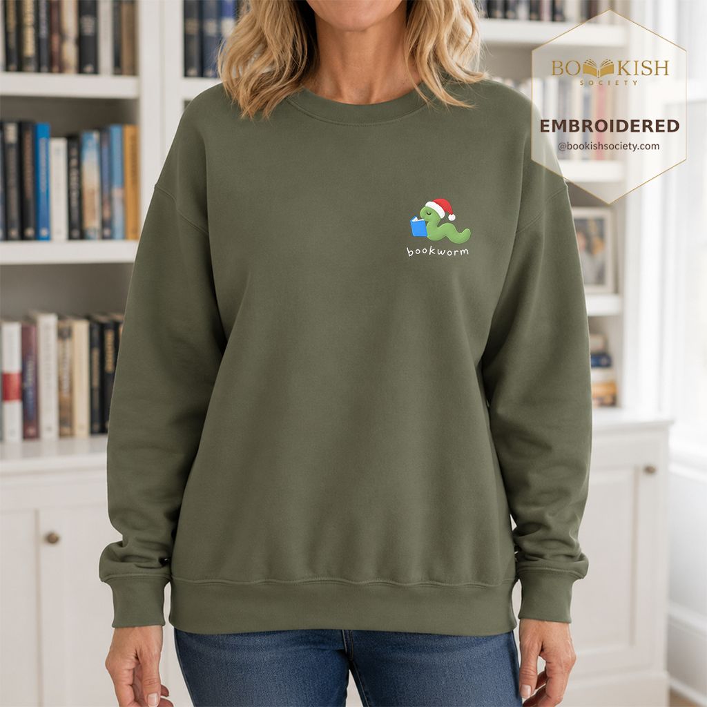 Bookworm Embroidered Sweatshirt | Christmas Reader Gift Military Green
