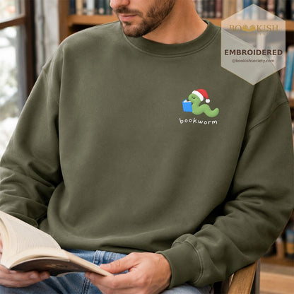Bookworm Embroidered Sweatshirt | Christmas Reader Gift Military Green
