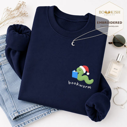 Bookworm Embroidered Sweatshirt | Christmas Reader Gift Navy