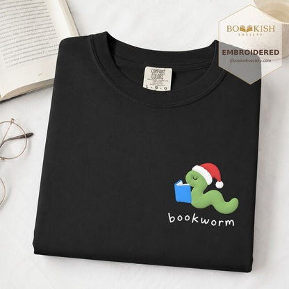 Bookworm Embroidered T-Shirt | Christmas Reader Gift Black