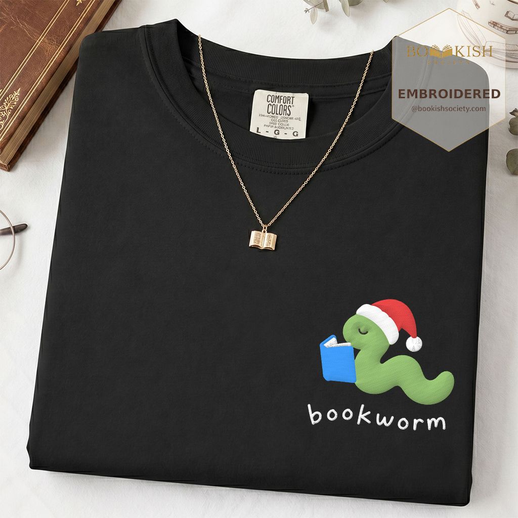Bookworm Embroidered T-Shirt | Christmas Reader Gift Black