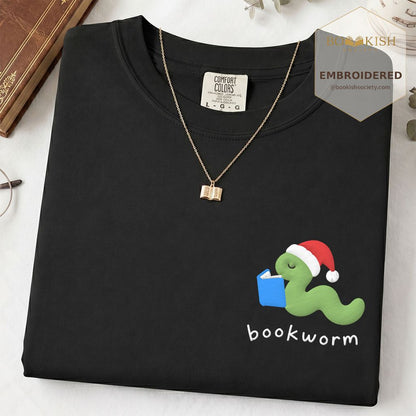 Bookworm Embroidered T-Shirt | Christmas Reader Gift Black