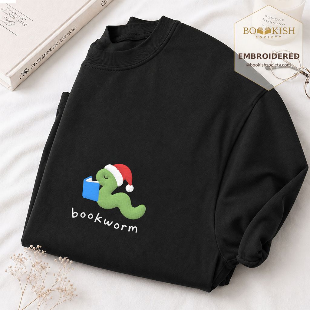 Bookworm Embroidered T-Shirt | Christmas Reader Gift Black