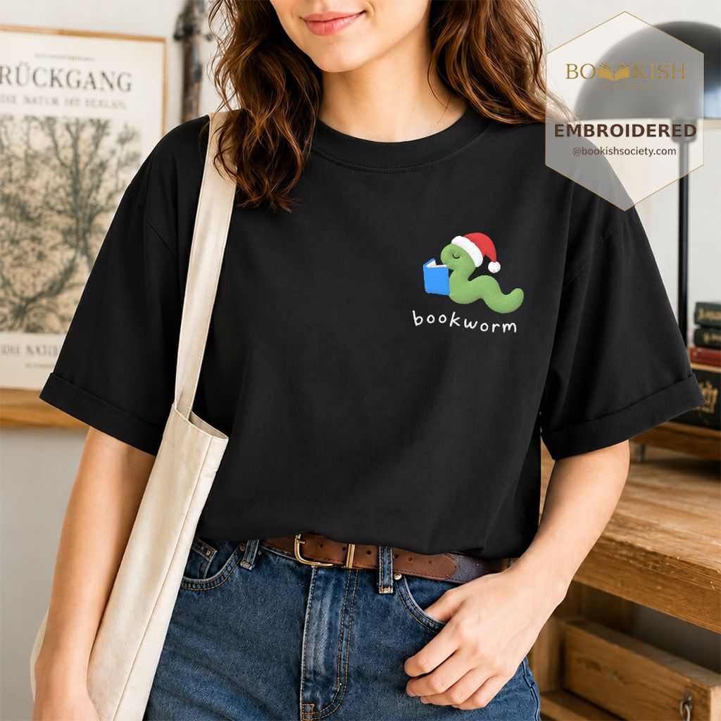 Bookworm Embroidered T-Shirt | Christmas Reader Gift Black