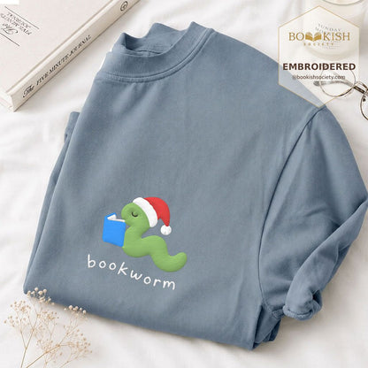 Bookworm Embroidered T-Shirt | Christmas Reader Gift Blue Jean