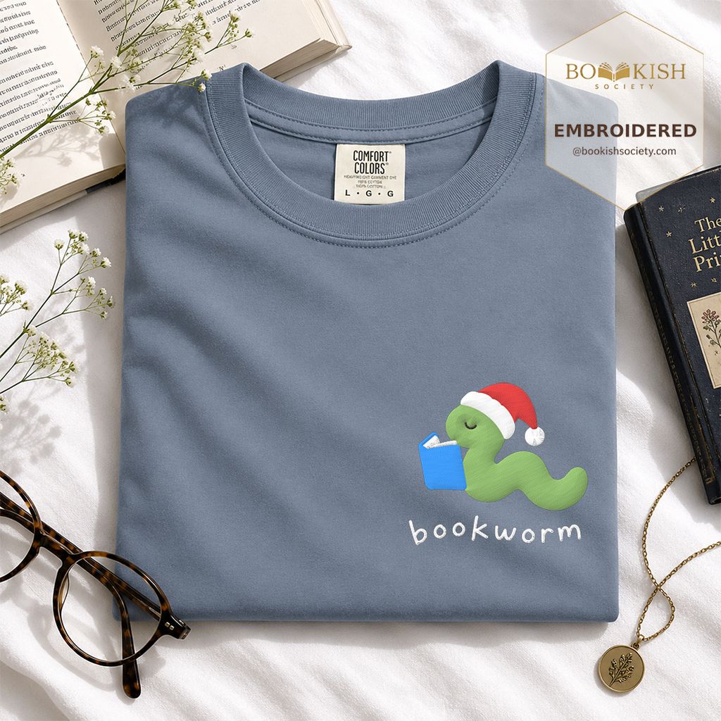 Bookworm Embroidered T-Shirt | Christmas Reader Gift Blue Jean