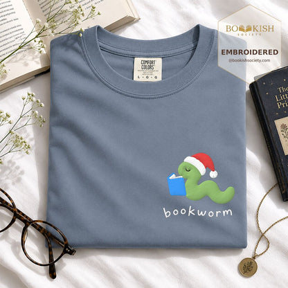 Bookworm Embroidered T-Shirt | Christmas Reader Gift Blue Jean
