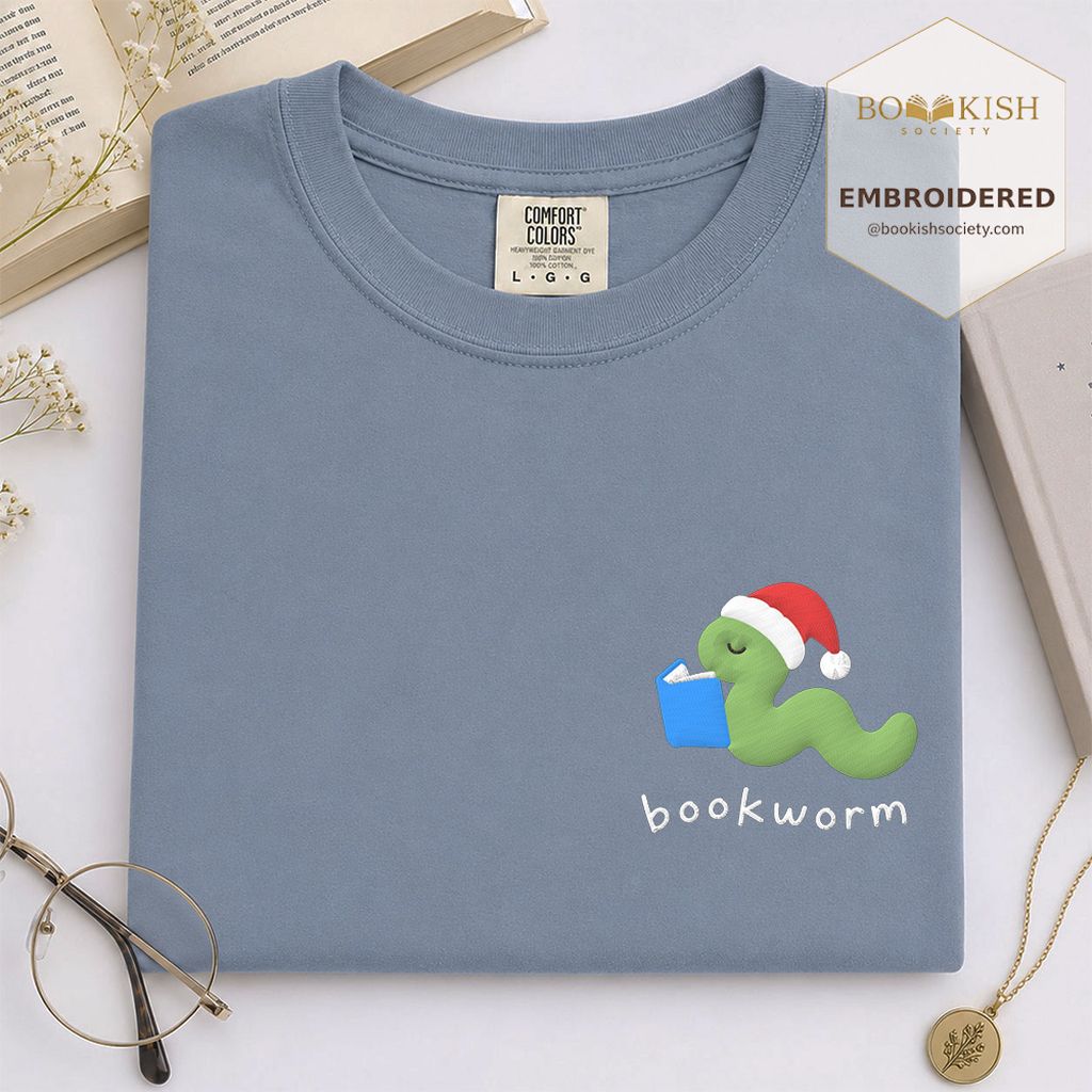 Bookworm Embroidered T-Shirt | Christmas Reader Gift Blue Jean