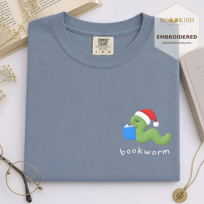 Bookworm Embroidered T-Shirt | Christmas Reader Gift Blue Jean