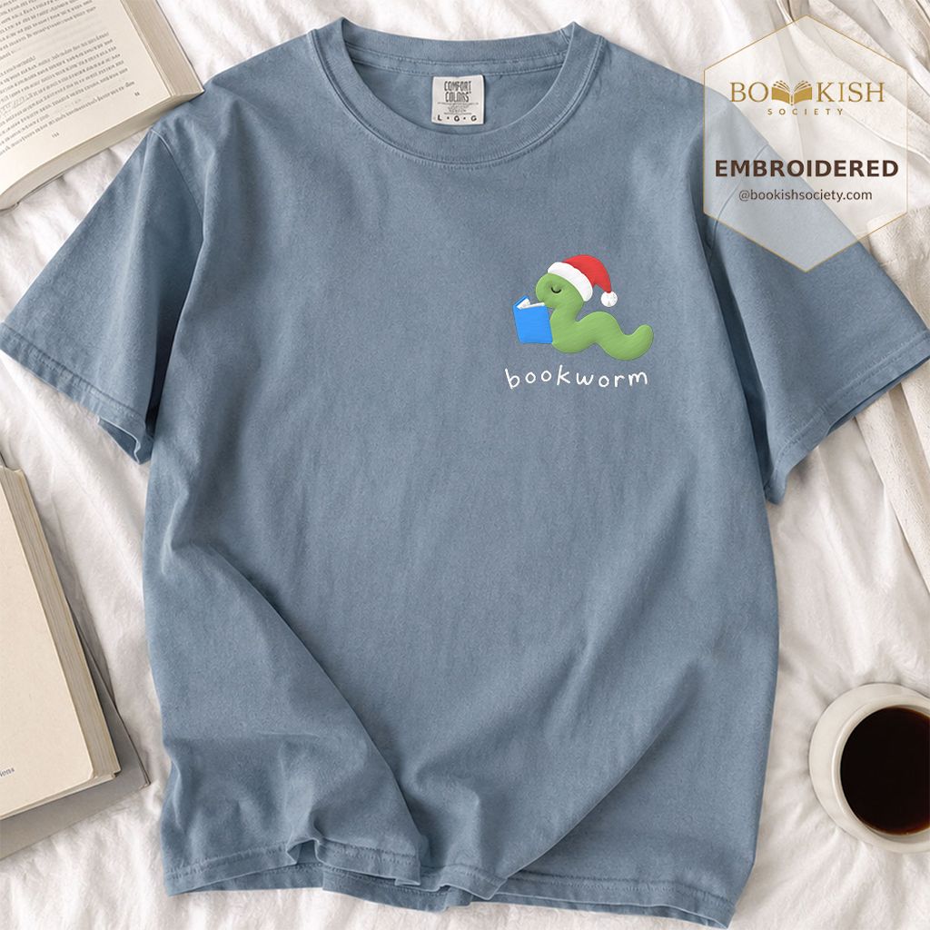 Bookworm Embroidered T-Shirt | Christmas Reader Gift Blue Jean