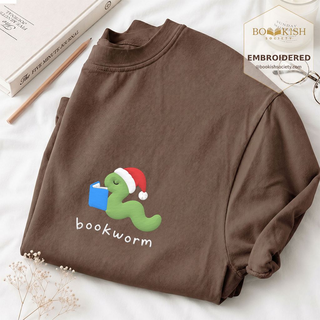 Bookworm Embroidered T-Shirt | Christmas Reader Gift Espresso