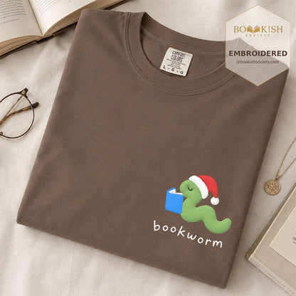Bookworm Embroidered T-Shirt | Christmas Reader Gift Espresso