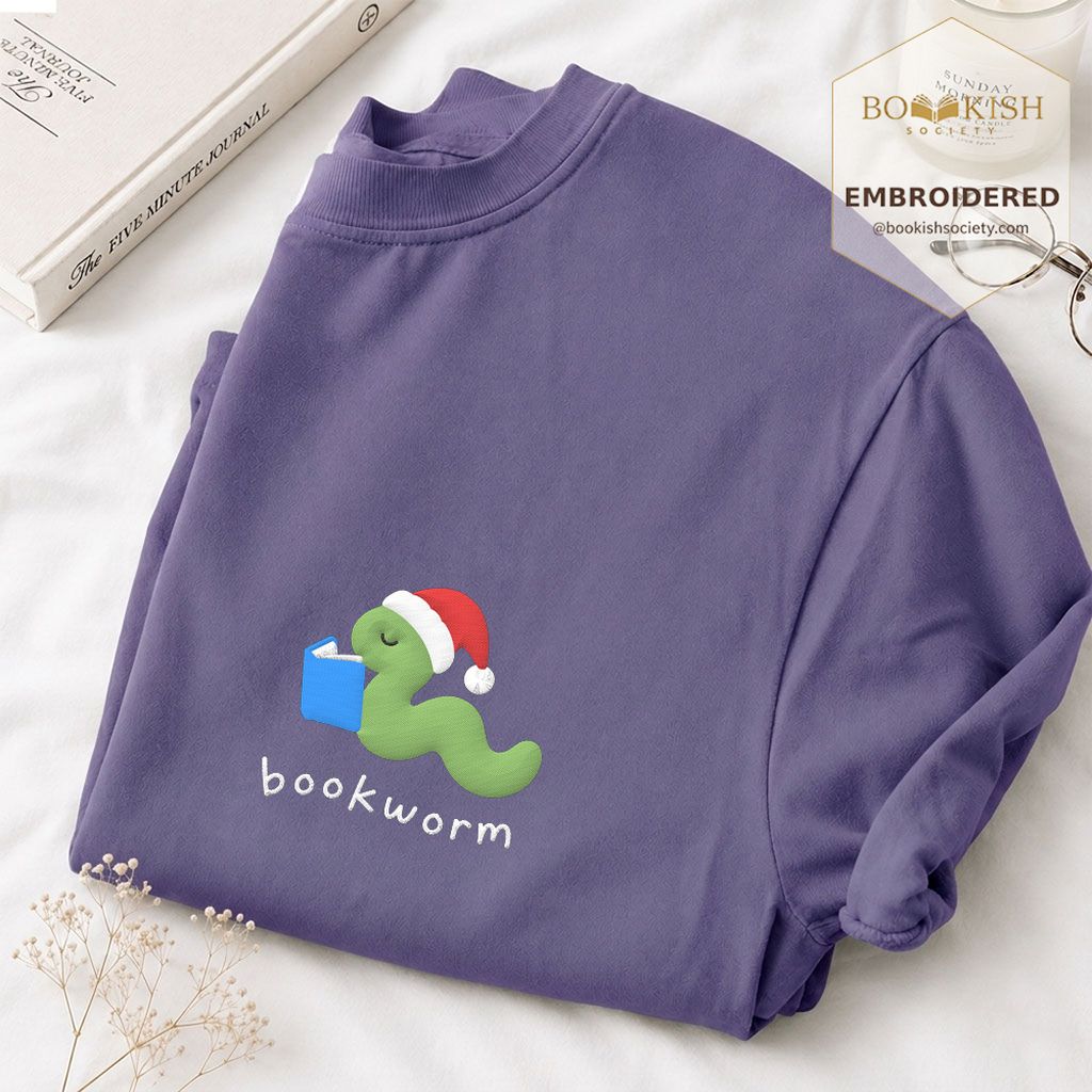 Bookworm Embroidered T-Shirt | Christmas Reader Gift Grape