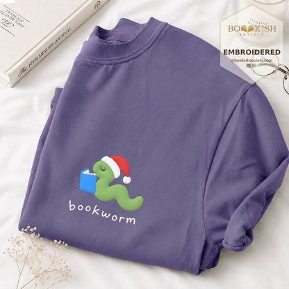 Bookworm Embroidered T-Shirt | Christmas Reader Gift Grape