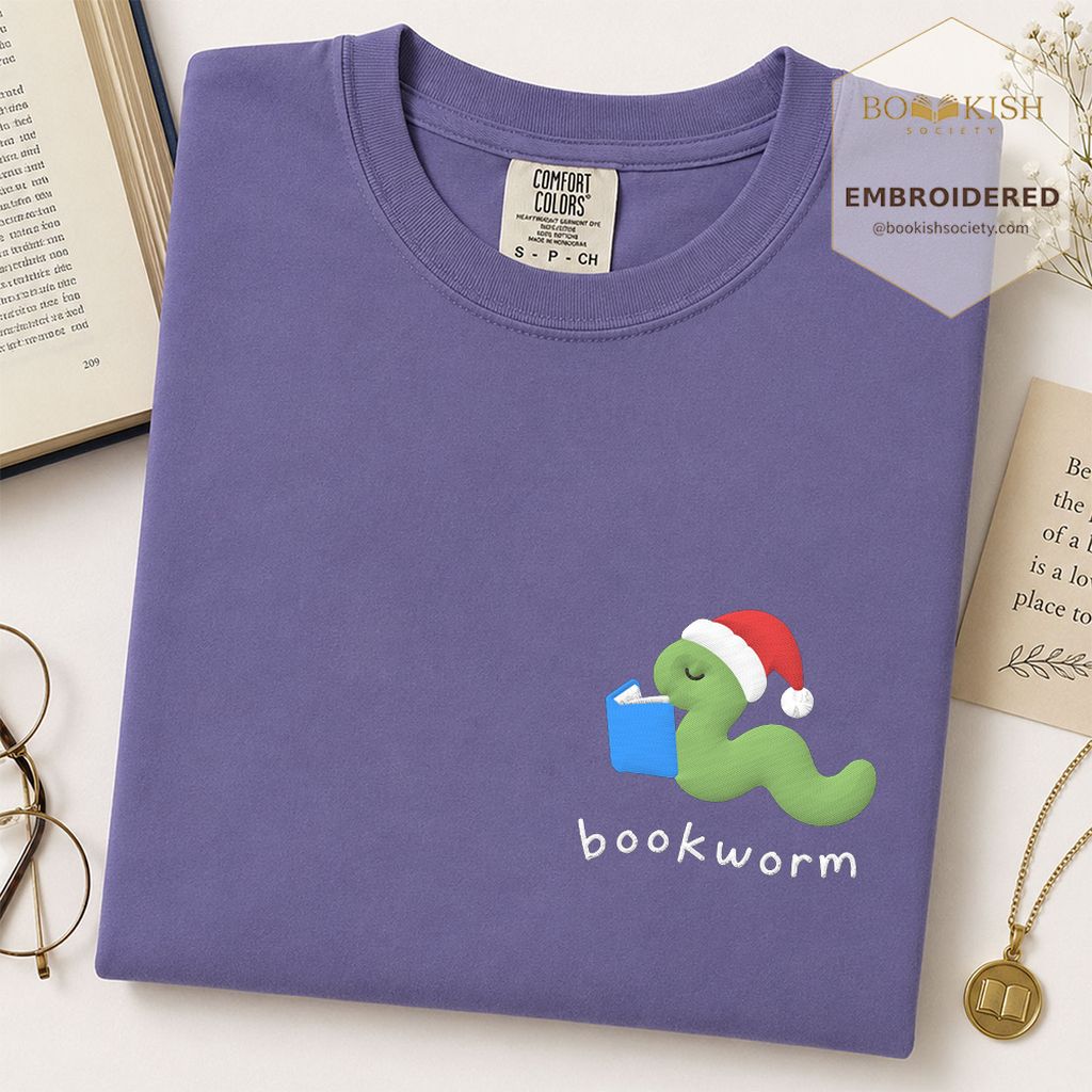 Bookworm Embroidered T-Shirt | Christmas Reader Gift Grape