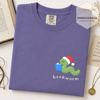 Bookworm Embroidered T-Shirt | Christmas Reader Gift Grape