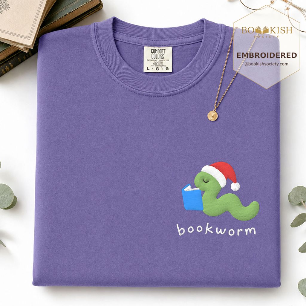 Bookworm Embroidered T-Shirt | Christmas Reader Gift Grape