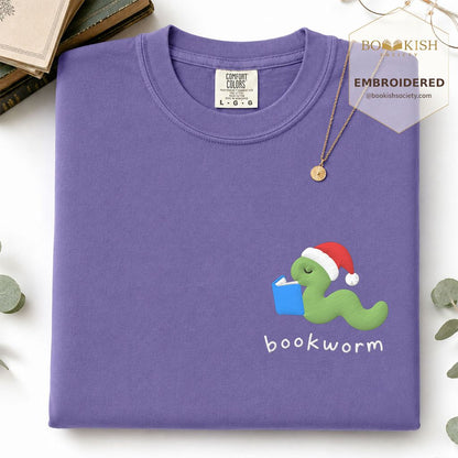 Bookworm Embroidered T-Shirt | Christmas Reader Gift Grape