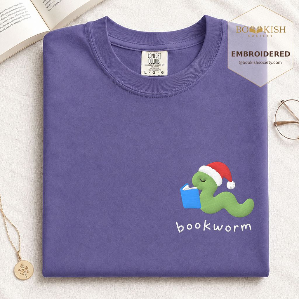 Bookworm Embroidered T-Shirt | Christmas Reader Gift Grape