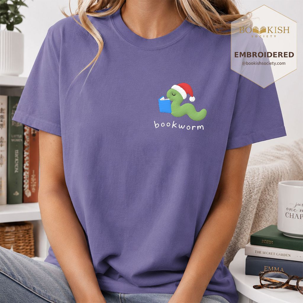 Bookworm Embroidered T-Shirt | Christmas Reader Gift Grape