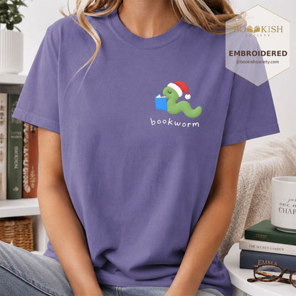 Bookworm Embroidered T-Shirt | Christmas Reader Gift Grape