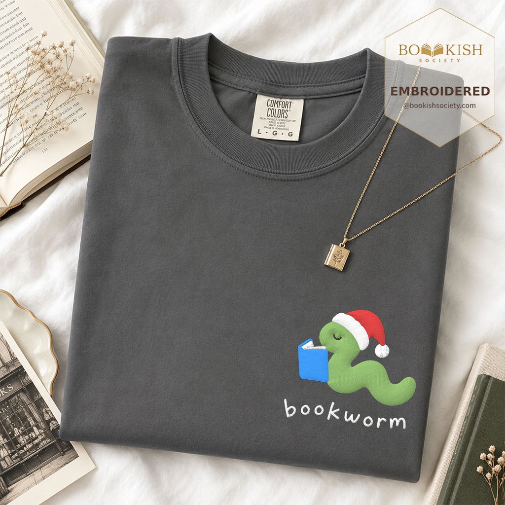 Bookworm Embroidered T-Shirt | Christmas Reader Gift Graphite