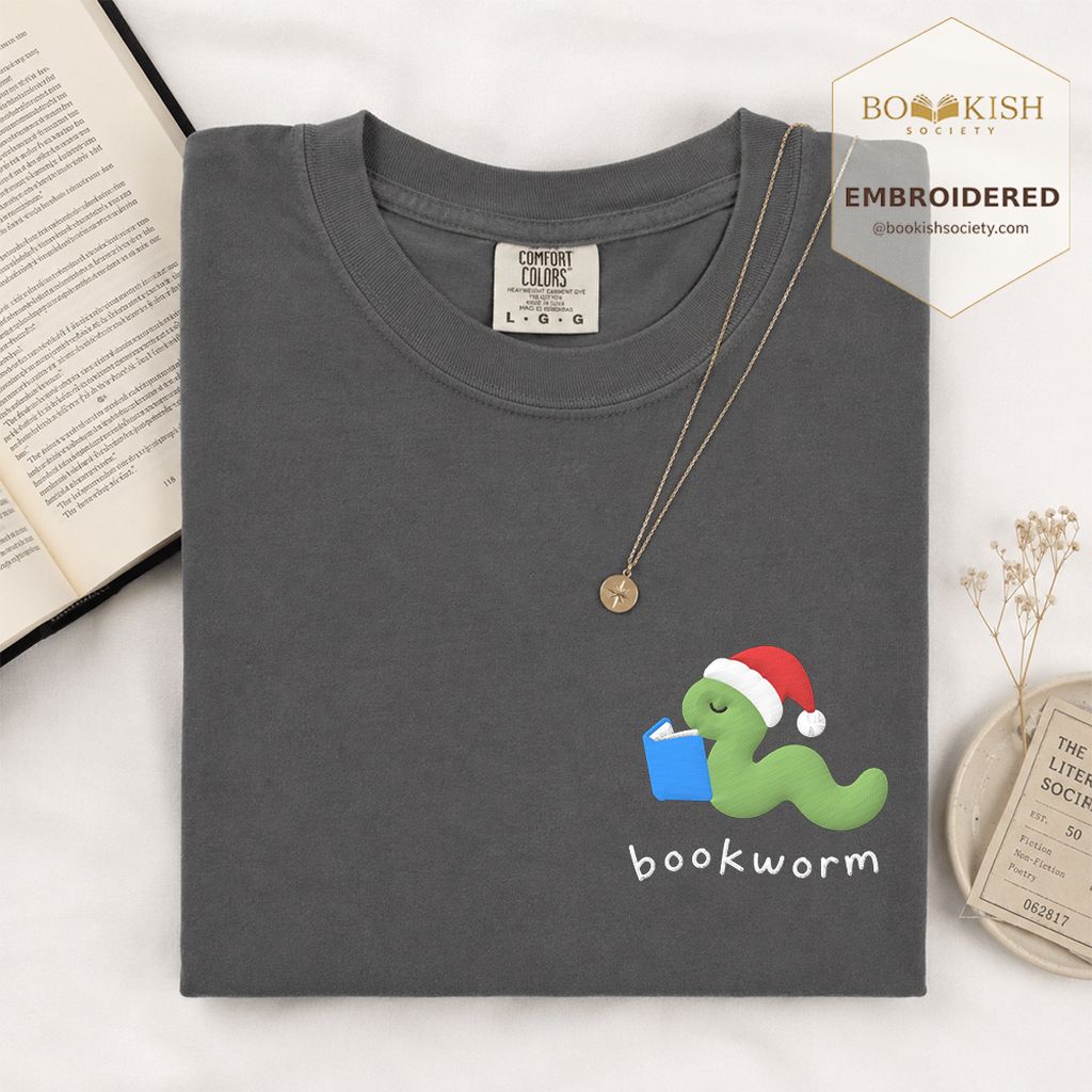 Bookworm Embroidered T-Shirt | Christmas Reader Gift Graphite
