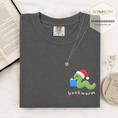 Bookworm Embroidered T-Shirt | Christmas Reader Gift Graphite