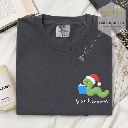 Bookworm Embroidered T-Shirt | Christmas Reader Gift Graphite