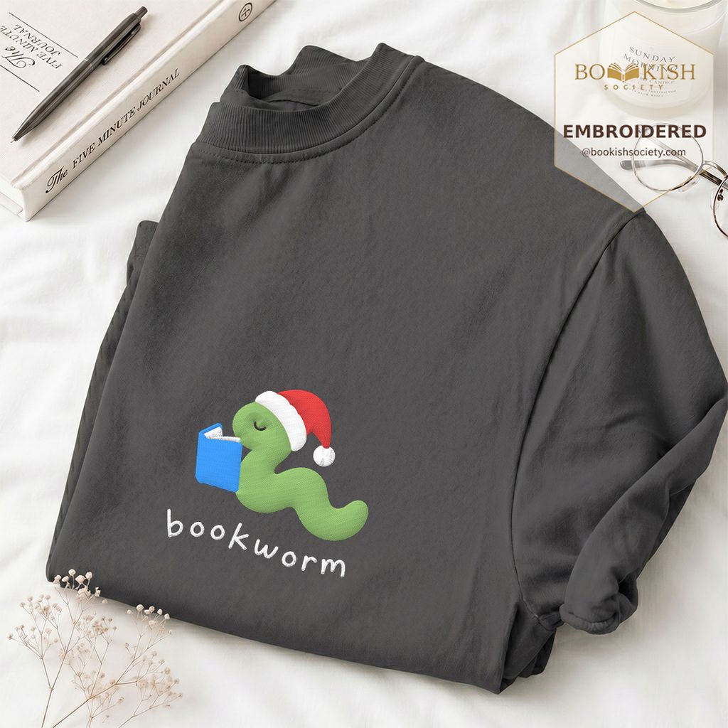 Bookworm Embroidered T-Shirt | Christmas Reader Gift Graphite