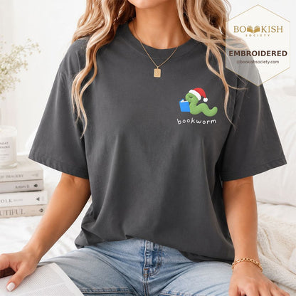 Bookworm Embroidered T-Shirt | Christmas Reader Gift Graphite