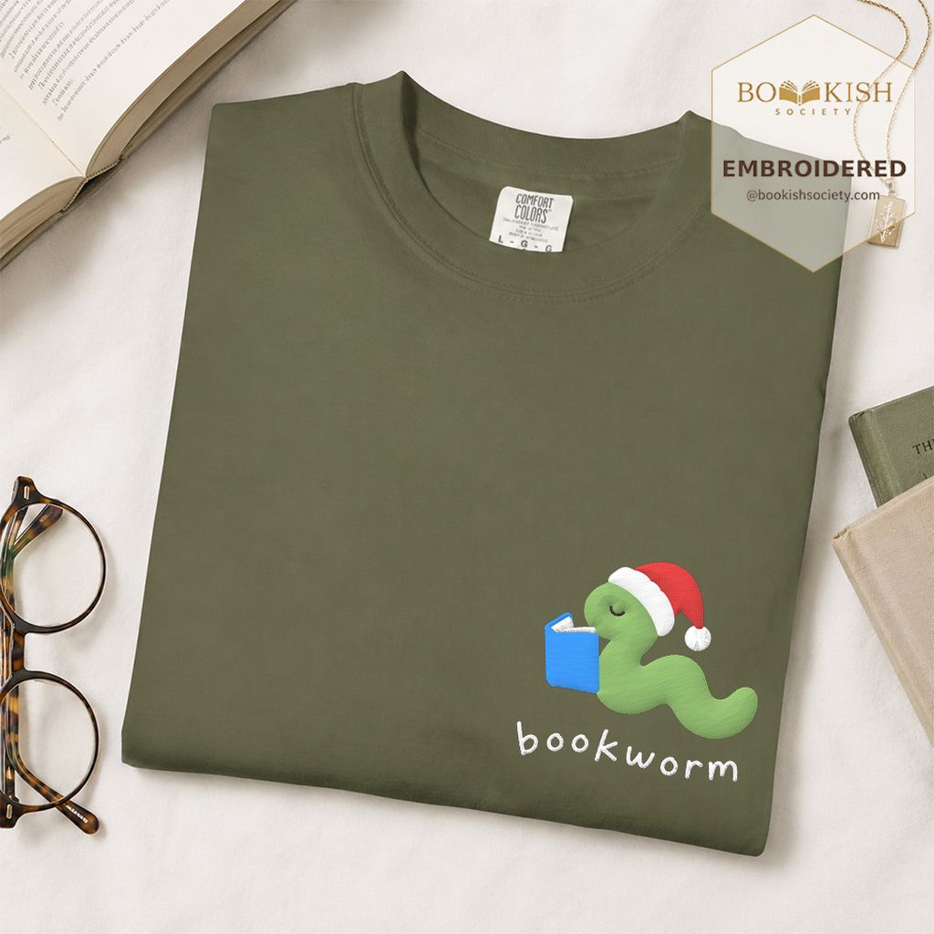 Bookworm Embroidered T-Shirt | Christmas Reader Gift Hemp