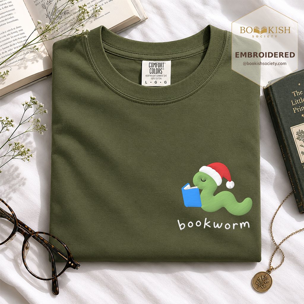 Bookworm Embroidered T-Shirt | Christmas Reader Gift Hemp