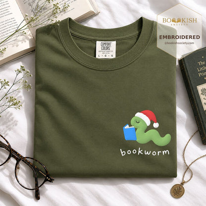 Bookworm Embroidered T-Shirt | Christmas Reader Gift Hemp