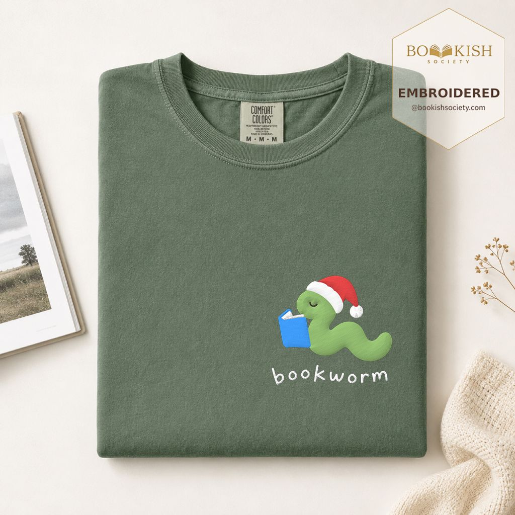 Bookworm Embroidered T-Shirt | Christmas Reader Gift Moss