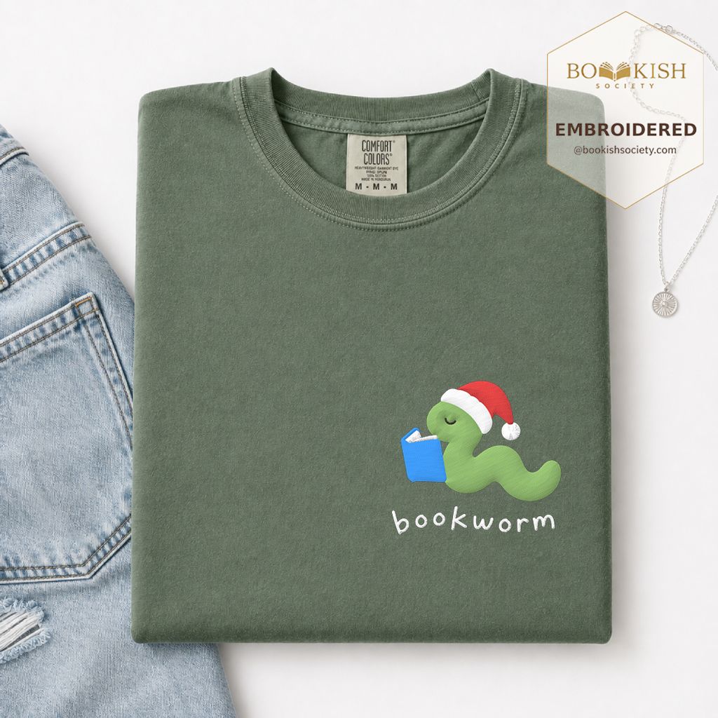 Bookworm Embroidered T-Shirt | Christmas Reader Gift Moss