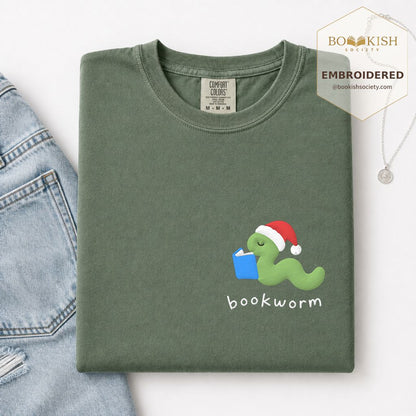 Bookworm Embroidered T-Shirt | Christmas Reader Gift Moss