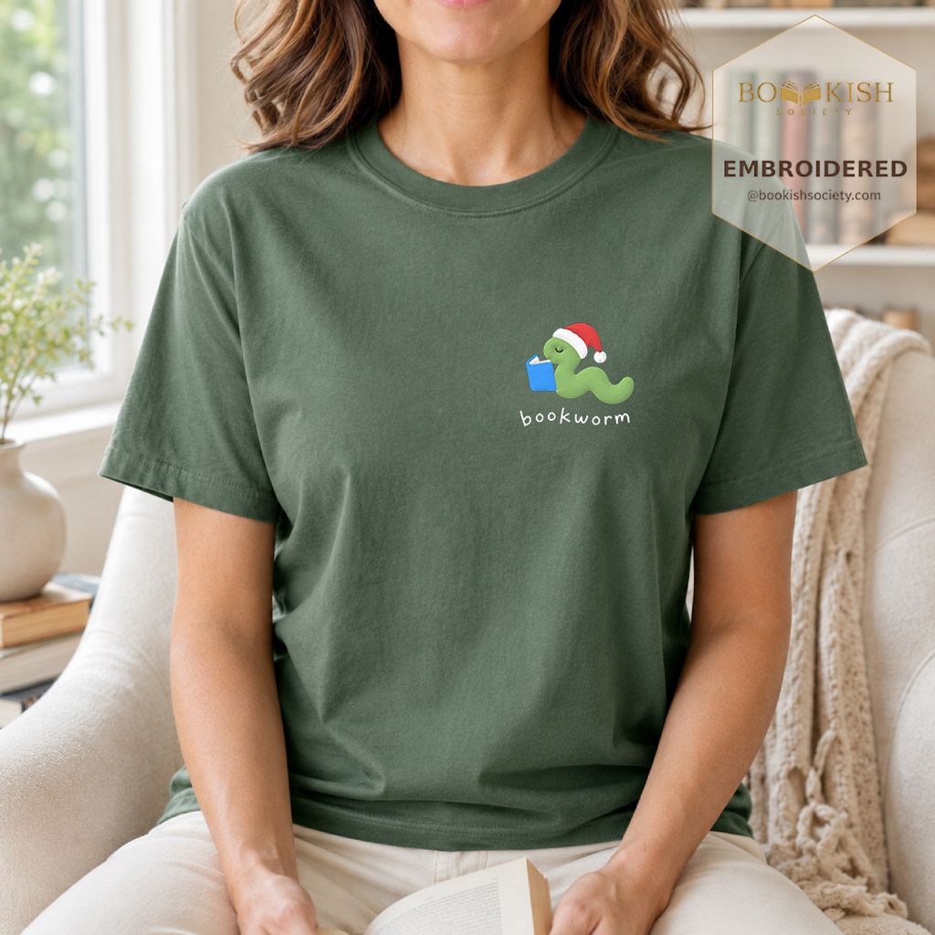 Bookworm Embroidered T-Shirt | Christmas Reader Gift Moss