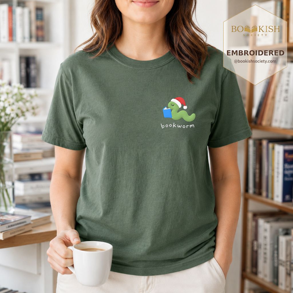 Bookworm Embroidered T-Shirt | Christmas Reader Gift Moss
