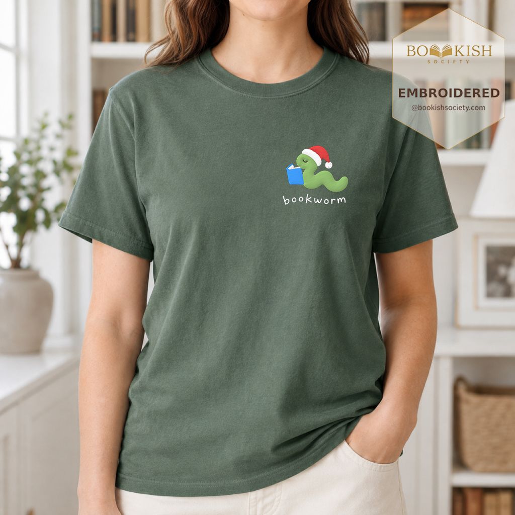 Bookworm Embroidered T-Shirt | Christmas Reader Gift Moss