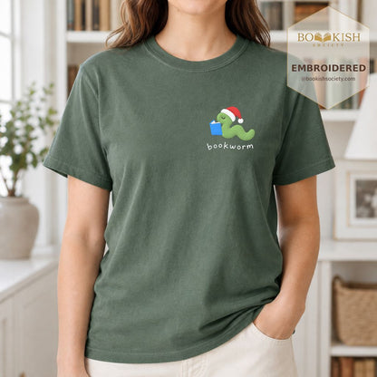 Bookworm Embroidered T-Shirt | Christmas Reader Gift Moss
