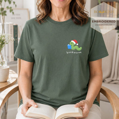 Bookworm Embroidered T-Shirt | Christmas Reader Gift Moss