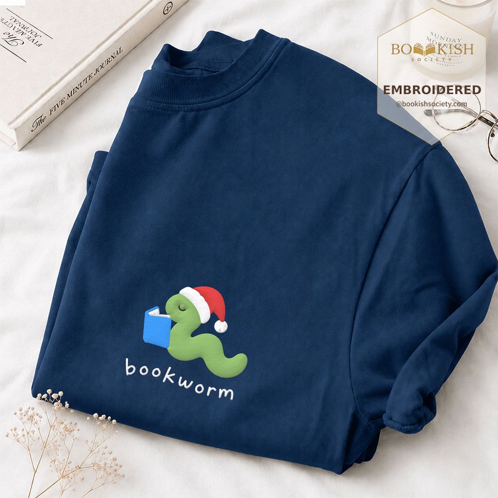 Bookworm Embroidered T-Shirt | Christmas Reader Gift Navy