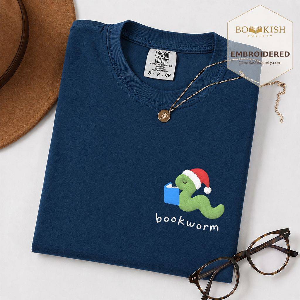 Bookworm Embroidered T-Shirt | Christmas Reader Gift Navy