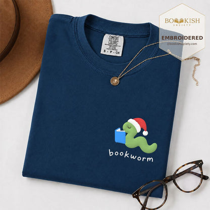 Bookworm Embroidered T-Shirt | Christmas Reader Gift Navy