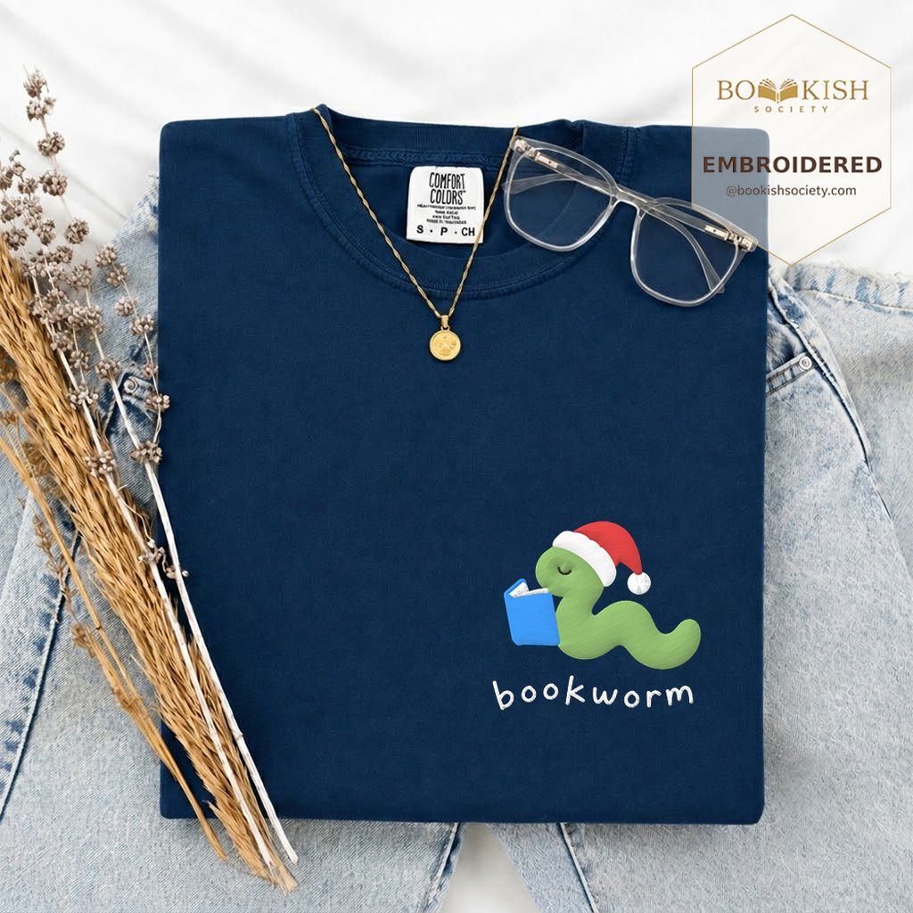 Bookworm Embroidered T-Shirt | Christmas Reader Gift Navy